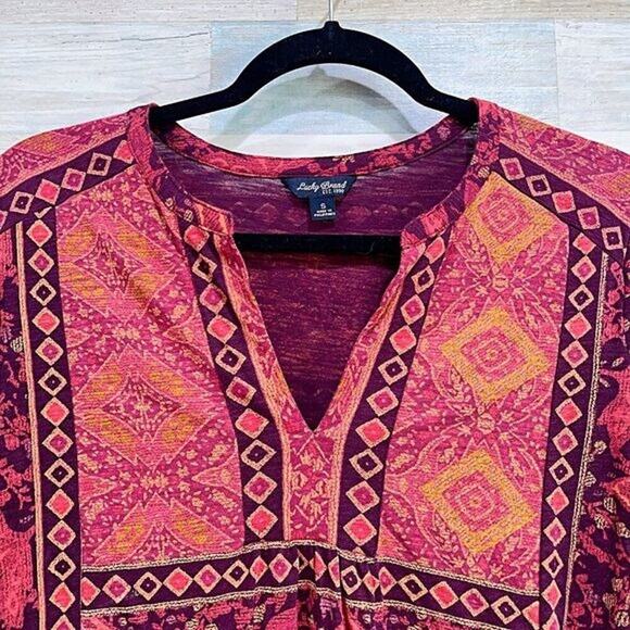 LUCKY BRAND Mixed Border Print Top Red Boho Womens Small - Picture 3 of 6
